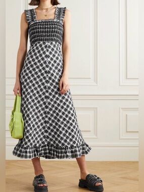 Ganni Black and White Plaid Smocked Strap Maxi Dress with Ruffle Hem
